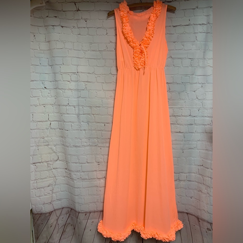 Vintage MCM Madmen Elegant Orange Sleeveless Peignoir Night Gown Size M USA - Picture 1 of 5